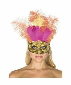 Be Wicked Adult Gold Sequin Carnival Eye Mask With Feathers Masks