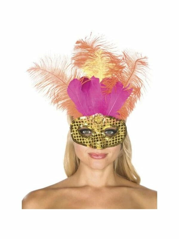 Be Wicked Adult Gold Sequin Carnival Eye Mask With Feathers Masks 3 Be Wicked Adult Gold Sequin Carnival Eye Mask With Feathers Masks